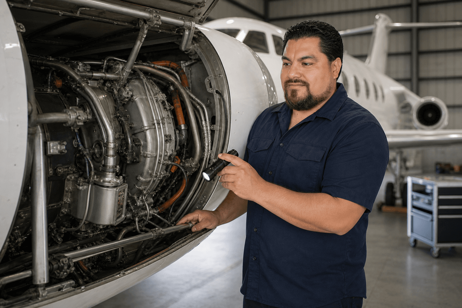 Oscar Rodriguez inspecting the exposed accessory side of a shut-down business jet turbofan